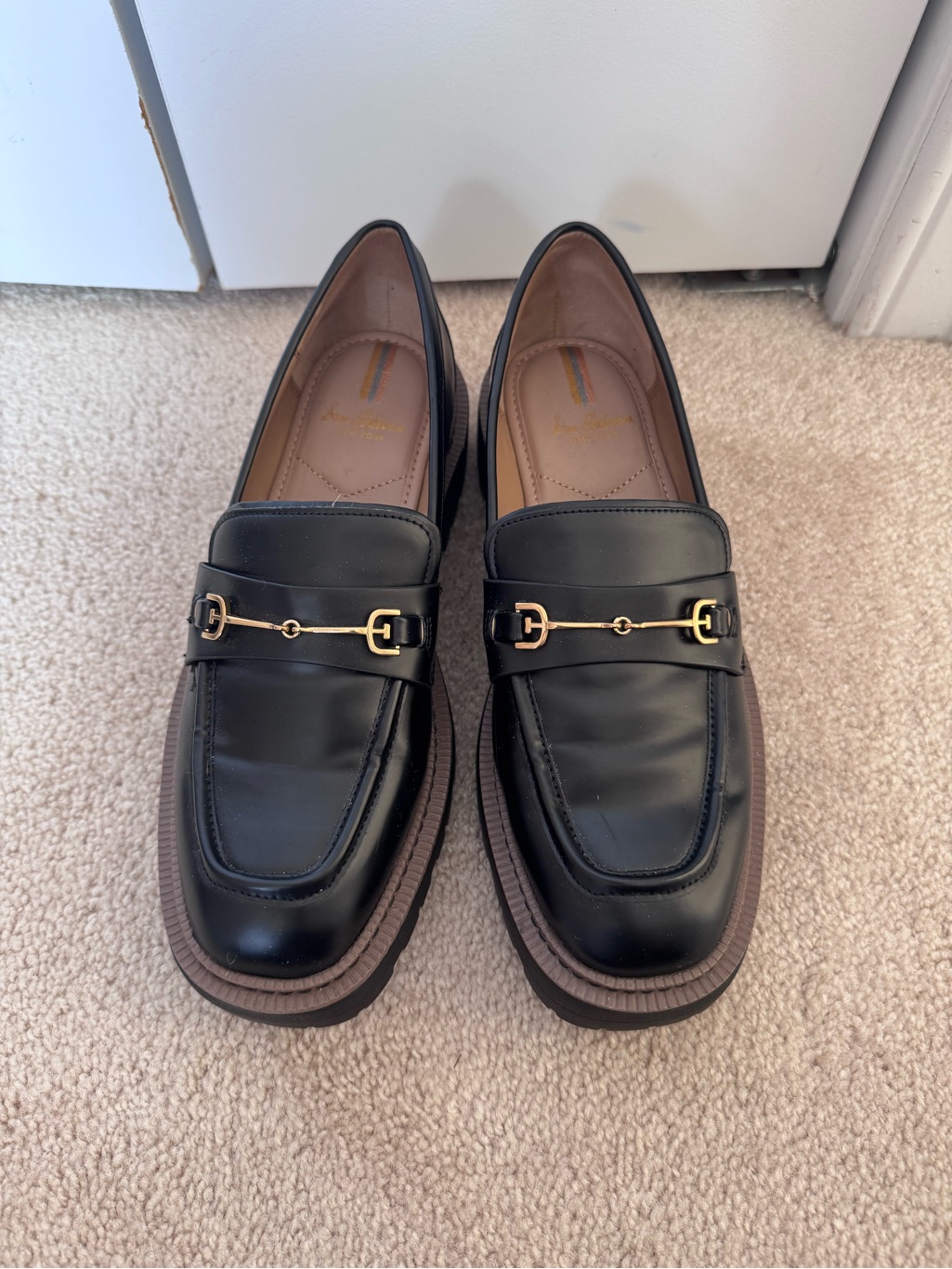 Sam Edelman Black Leather Platform Loafers With Gold Logo Stripe
